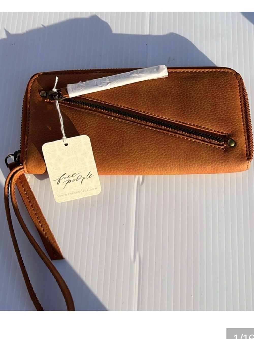 FREE PEOPLE Distressed Vegan Brown Tan Wristlet Wallet with Zipper Detail NWOT